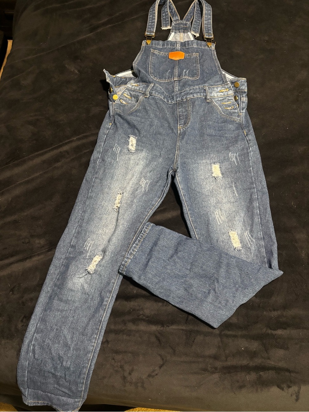 Women's Distressed Denim Overalls in Blue